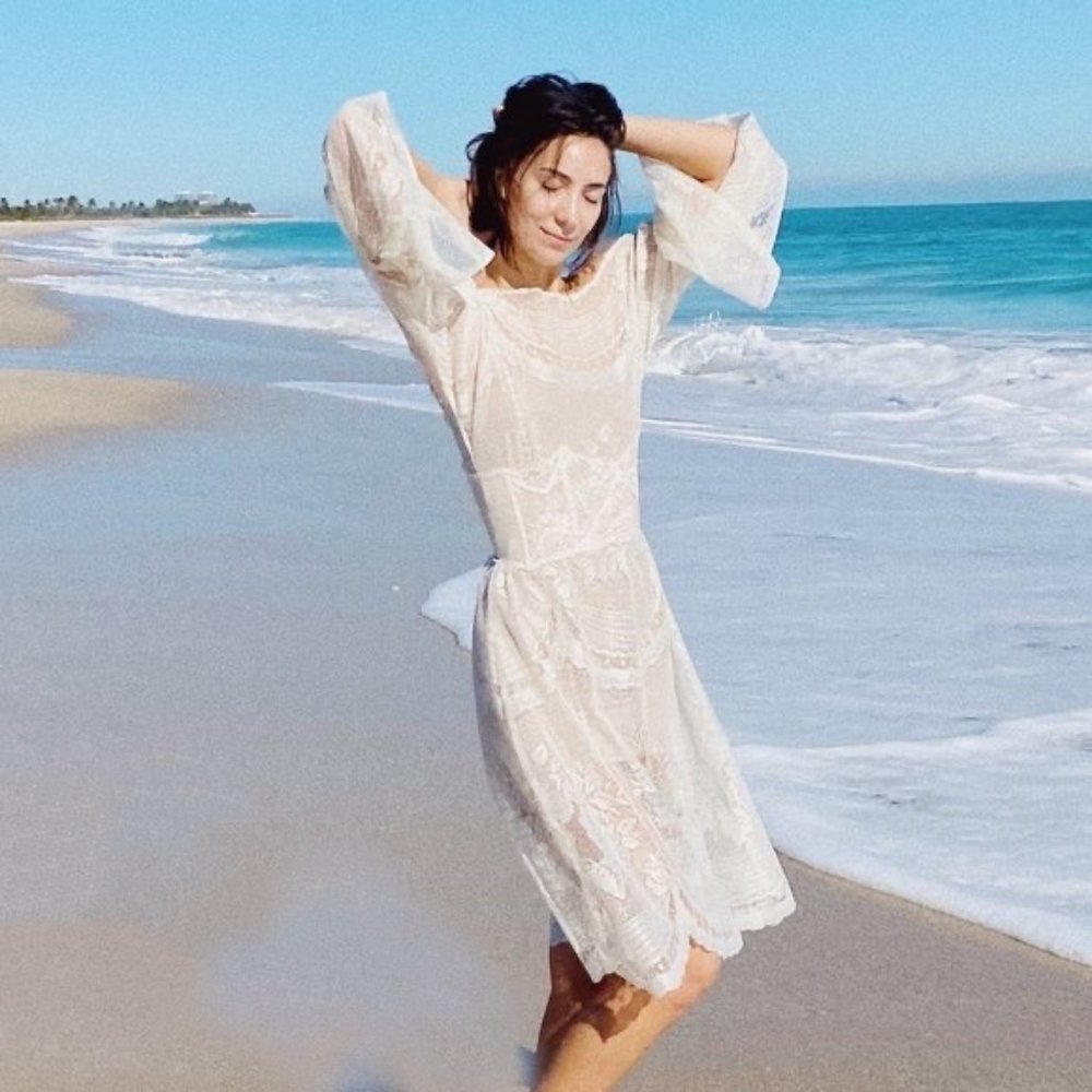 Vintage White Lace Sheer Bell Sleeve Floral Hippie Midi Dress - Picture 3 of 12